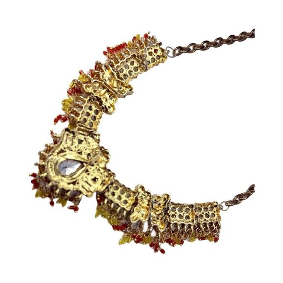 Indian Statement Crystal Necklace & Earrings Set Red Green Gold-Tone Bridal - Picture 11 of 16